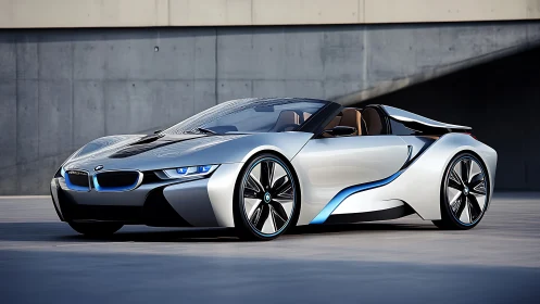 Sleek silver roadster shining with futuristic city style.