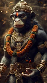 Regal monkey deity radiates calm strength in ornate gold armor