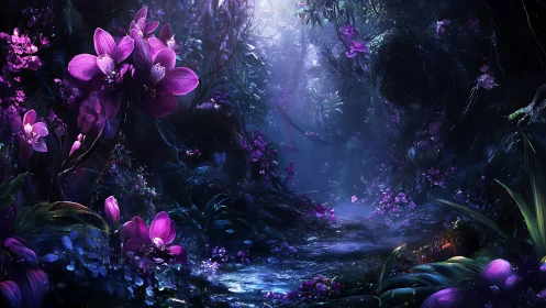 Luminous violet orchids in an enchanted twilight forest stream.