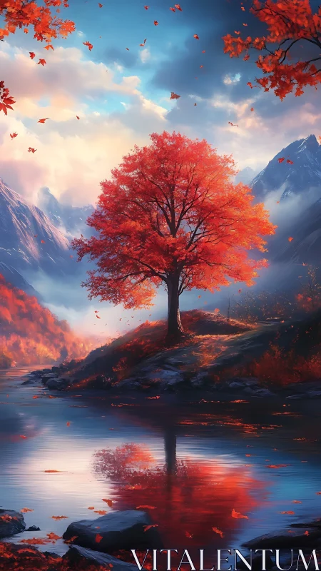 Crimson autumn sentinel mirrored in a dreamlit river.