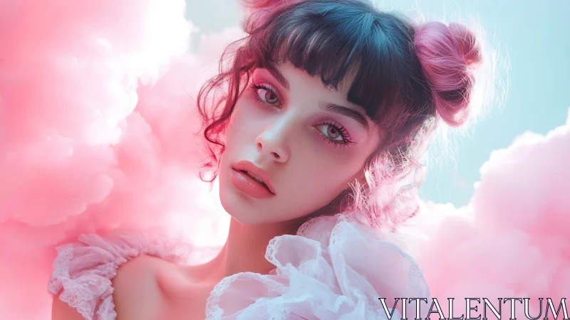 Dreamy pastel portrait amid cotton candy clouds.
