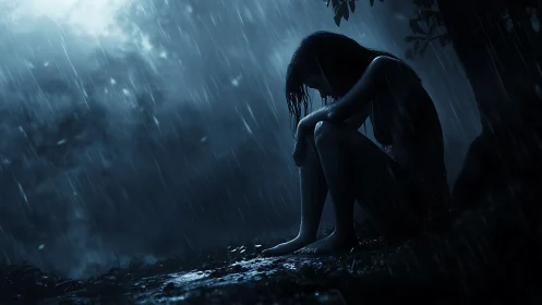 Silhouette of seated woman under heavy night rain