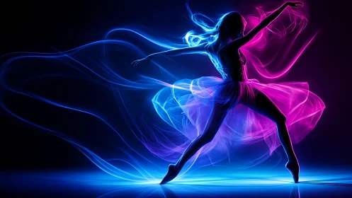 Neon gradient ballerina silhouette in dynamic light trails.