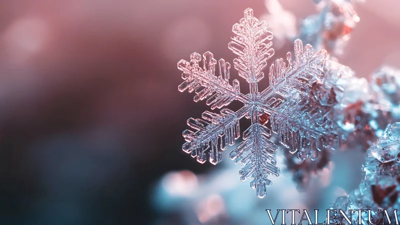 Macro crystalline snowflake under shallow depth-of-field optics.