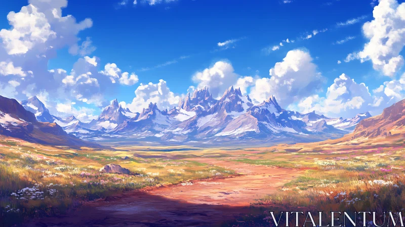 Sunlit alpine plain beneath towering crystal peaks.