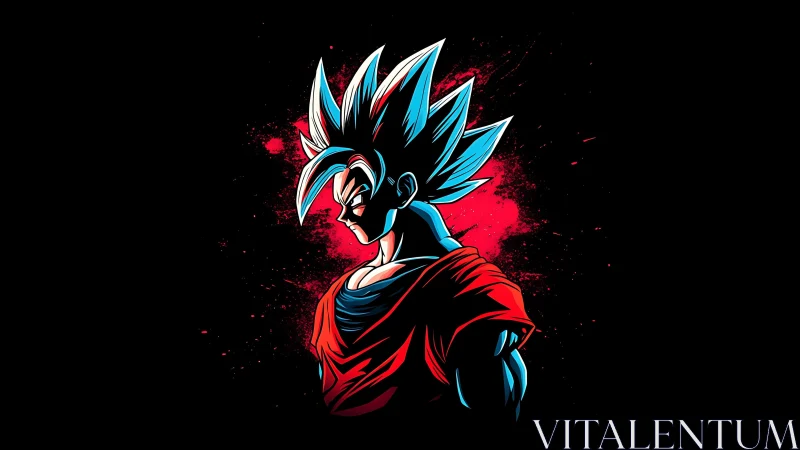 Blue haired anime warrior portrait on black background.