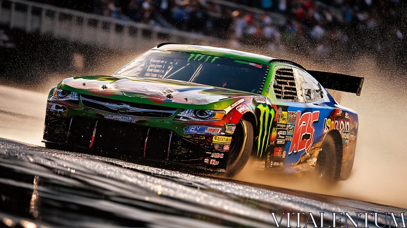 Stock car racing on wet track under bright stadium lights.