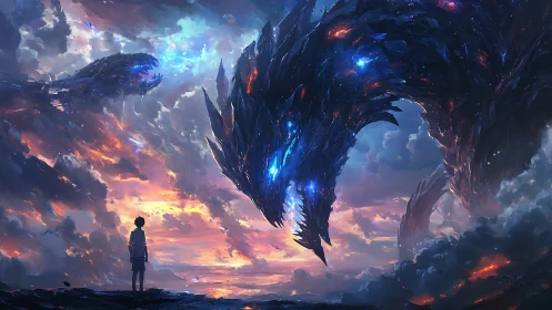 Skyborn crystal dragon meets lone dreamer at dusk horizon.