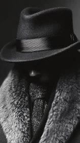 Hidden figure in hat, fur collar and textured tie