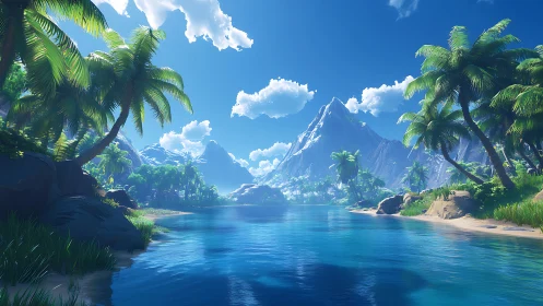 Alpine Lake Basin: Tropical Paradise 3D Landscape Render.