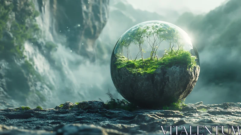 Glass sphere terrarium holding forest on misty rocky plateau.