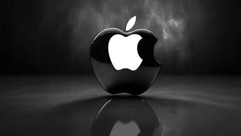 Black Apple Icon Glowing Against Dark Stormy Backdrop.