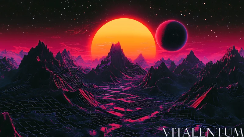 Neon-lit alien mountain grid under dual suns with retro vaporwave glow