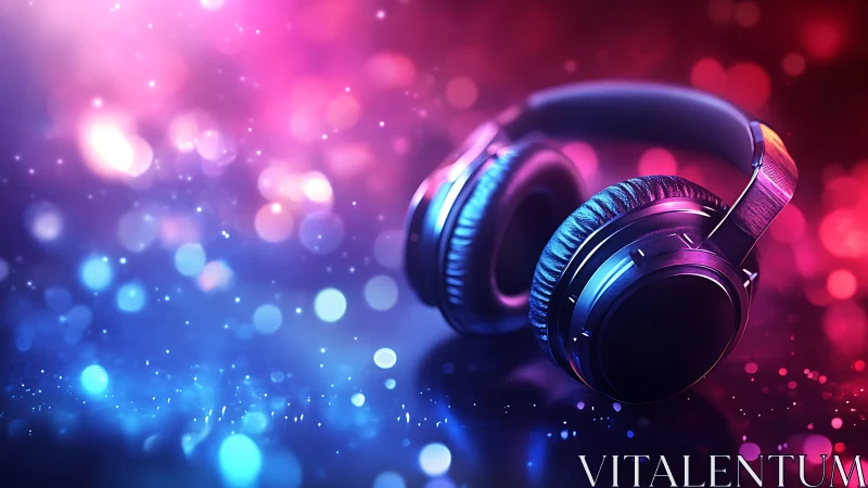 Studio headphones in colorful bokeh light environment.