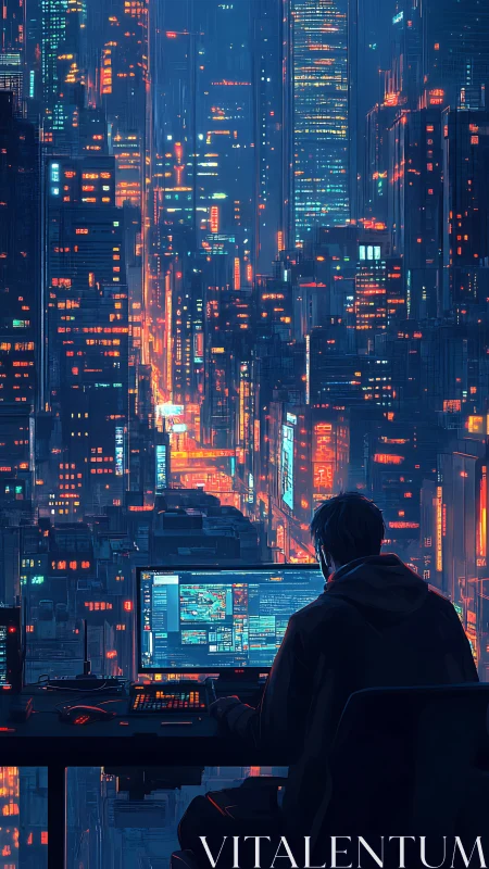 Nighttime cityscape with single workstation overlooking skyline.