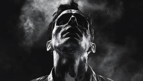 High-contrast upward portrait with particulate shadow mapping.