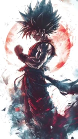 Energetic anime warrior in dynamic red monochrome blast.