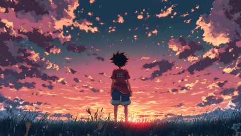 Sunset dreamer boy under a wildfire cotton candy sky.