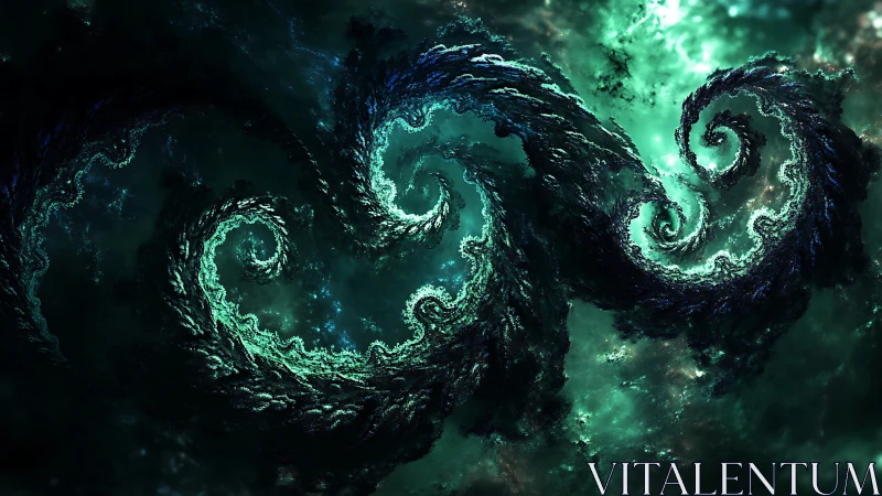 Emerald fractal vortexes forming turbulent cosmic waves.