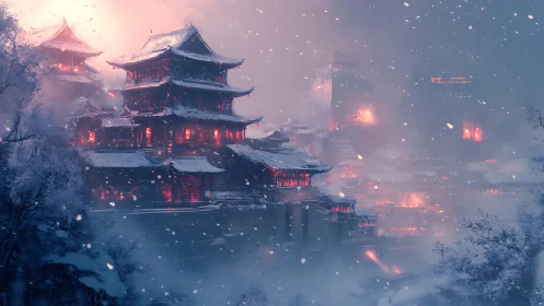 Snowbound multi-tier pagoda fortress under embered winter sky