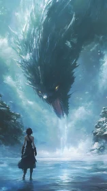 Lone warrior confronts colossal water dragon beneath icy sky.