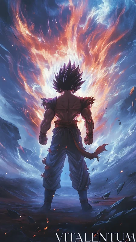 Backlit anime fighter stands before vertical flame aura