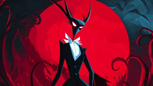 Elegant demonic figure poised before a crimson eclipse.
