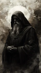 Moon‑crowned necromancer broods in swirling sepia shadows.