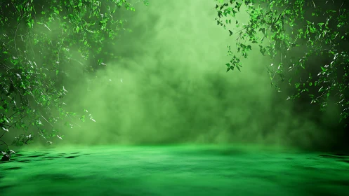 Green misty forest clearing with overhanging leafy branches.