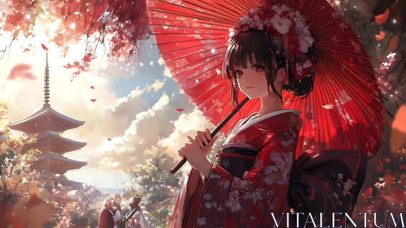 Gentle autumn shrine walk celebrates a girl in red kimono