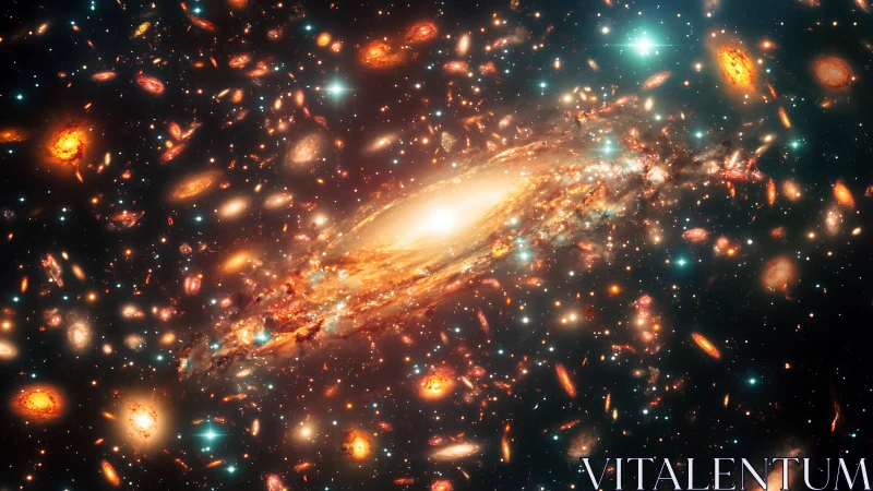 Central luminous spiral galaxy is surrounded by dense field