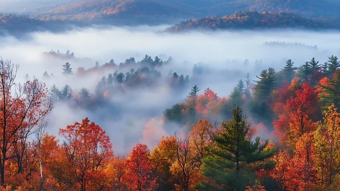 Autumn forest hills rise through dense morning valley fog