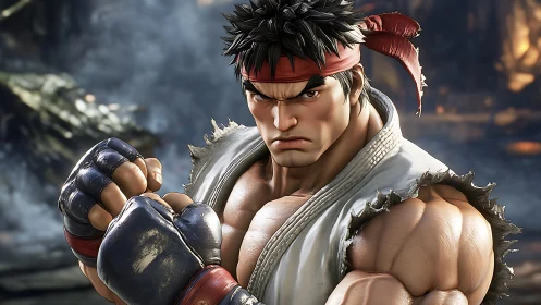 Martial artist character in ready fighting stance portrait.