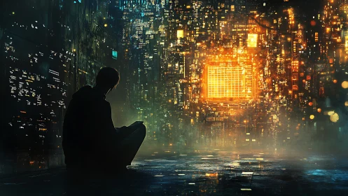 Person sits before glowing digital circuit wall grid at night