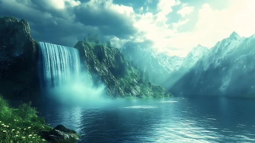 Sunlit waterfall pours into tranquil alpine lake panorama.