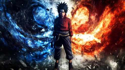 Storm-torn warrior steadies twin galaxies of fire and frost