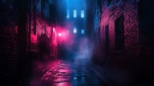 Neon rain-soaked alleyway glows through dense drifting fog