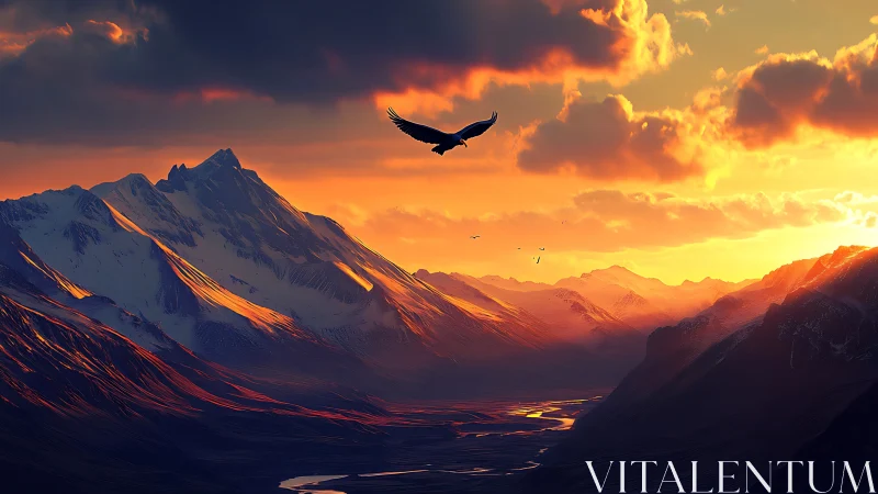 Eagle sailing dusk skies above ember-lit alpine kingdom.