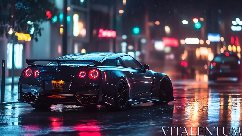 Sports car stands in neon lit rainy city street at night