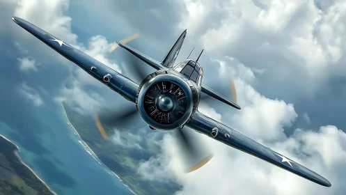 WWII navy fighter dives through storm-lit coastal clouds.