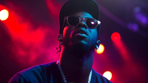 Hip hop performer under vivid red and purple stage lights.