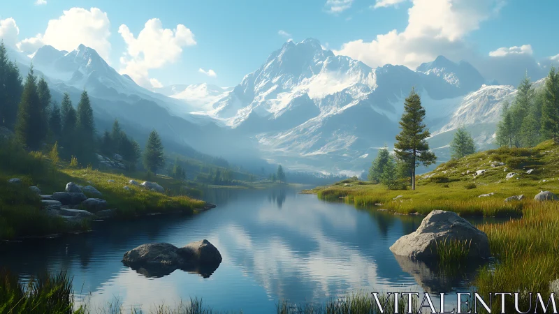 Mountain lake valley under clear sky with snow peaks.