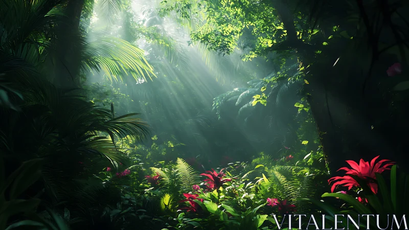 Tropical Forest Interior with Layered Vegetation and Directional Light