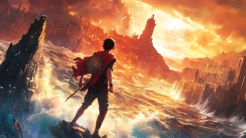 Fiery seascape warrior gazes toward a sunlit ruined kingdom