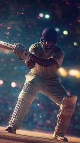Night stadium blaze as cricket batter carves a fierce drive.