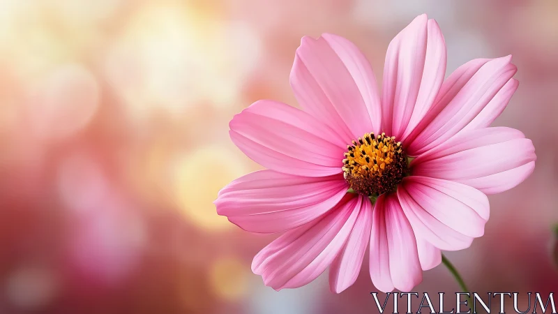 Pink Cosmos Flower with Yellow Center on Soft Background