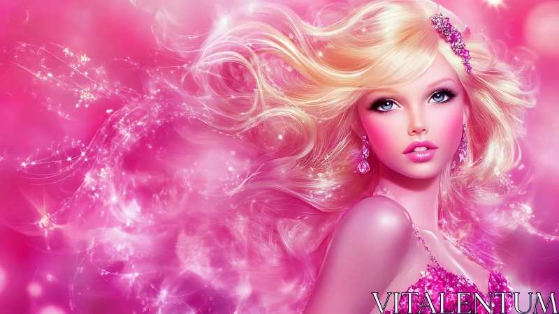 Glistening blonde doll radiates in a dreamy pink sparkle haze