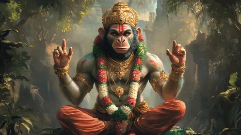 Divine monkey warrior in meditative forest throne pose.