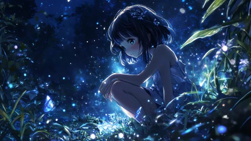 Bioluminescent forest girl in nocturnal luminescence field.