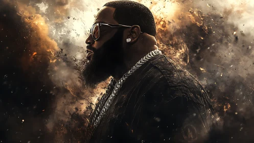 Fireborn hip hop titan walks through storming embers unshaken.